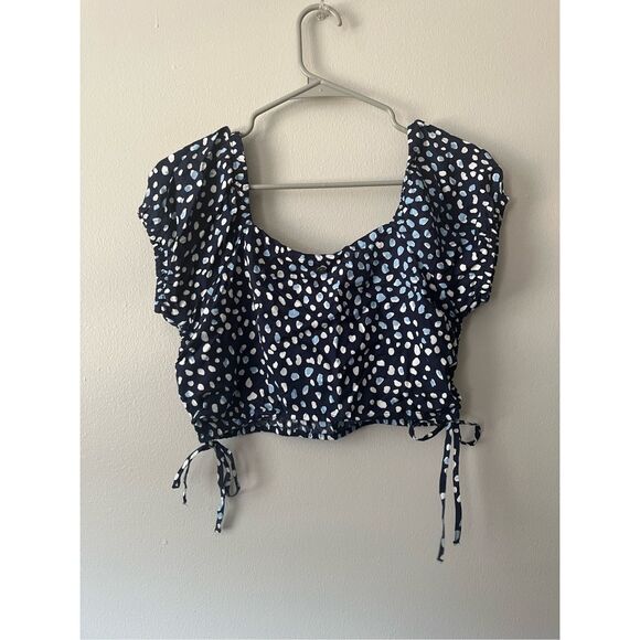 Roxy Medium Womens Blue and White Puff Sleeve Crop Top White Polka Dot - Picture 5 of 6